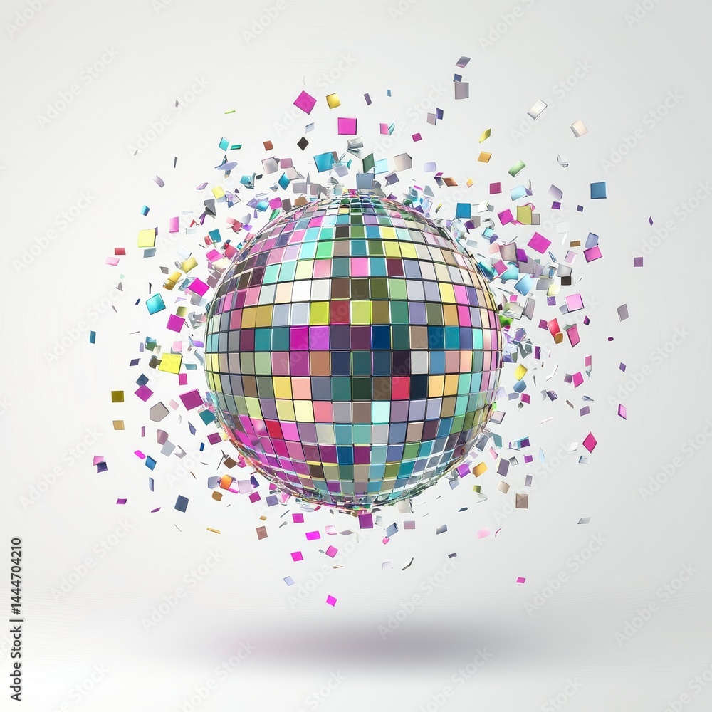 Poster exploding multicolored disco ball with pastel squares on light gray background