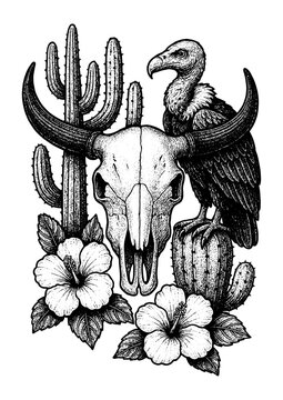 Bull Skull, Vulcher, Flowers & Cacti