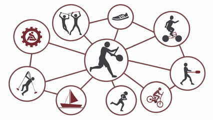 Network Graphic of Diverse Sports and Fitness Activity Icons Running Cycling Rowing