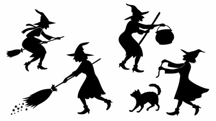 Set of Black Witch Silhouettes for Halloween Flying on Broom Sweeping Carrying Cauldron and Walking with Cat Graphic