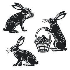 Black Silhouette Rabbits Set Hare Eating Egg, Bunny with Basket Isolated on White