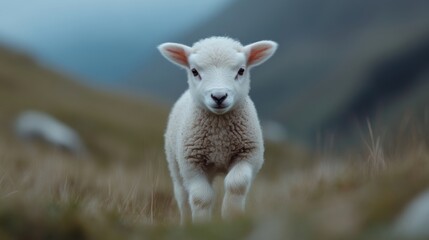 Fototapeta premium A young lamb in a field. A sweet, innocent, and curious lamb gazes directly at the viewer, seemingly ready for adventure. Soft focus on the lamb, while the background blurs, emphasizing its gentle,