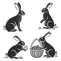 Silhouette Rabbits With Basket and Egg. Cute Bunny Characters Isolated Illustration