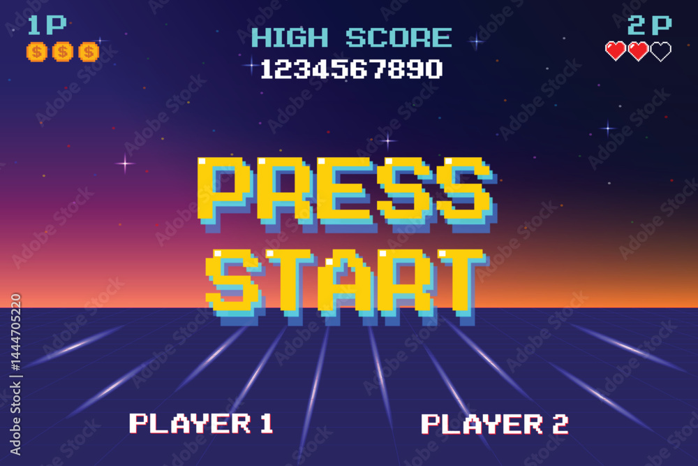 Poster press start. insert a coin to continue. pixel art .8 bit game. retro game. for game assets. retro fu