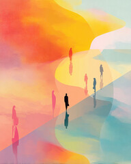 Naklejka premium Abstract Figures Navigating a Colorful and Dreamlike Landscape - Modern Art