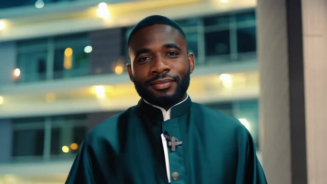 The camera slowly zooms in as a middle-aged nigerian man in agbada walks confidently, facing the camera, past illuminated windows of a high-rise building