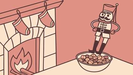 Festive Holiday Illustration Nutcracker Standing in Bowl of Nuts by Fireplace Stockings