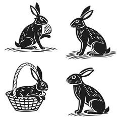Black Silhouette of Rabbits with a Basket and Egg on Isolated White Background