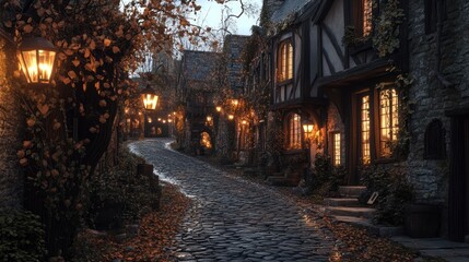 Fototapeta premium Enchanted Medieval Village at Dusk