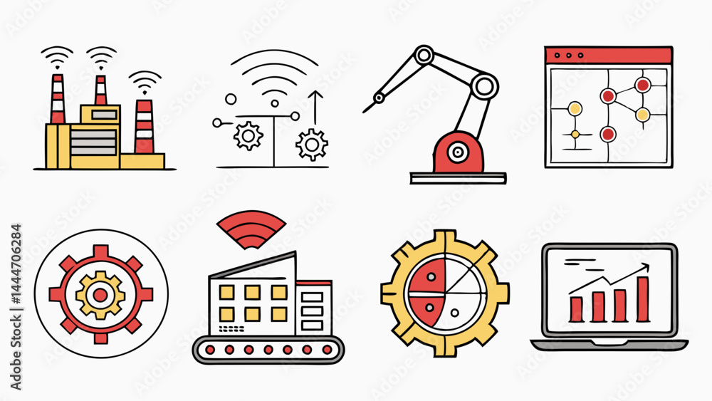 Poster industry 4.0 smart factory automation robotics technology flat line art icons set manufacturing data