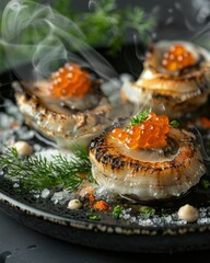 Seared Scallops with Caviar and Smoke: Gourmet Seafood Dish Close Up