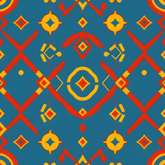 Minimalist African tribal geometric design in vibrant primary colors, seamless pattern.

