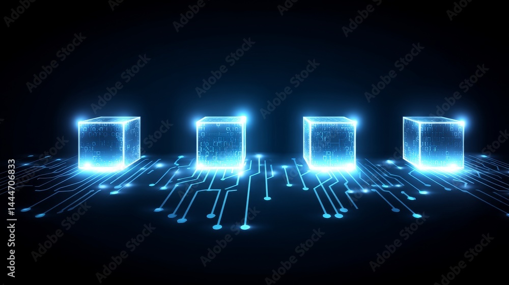 Aufkleber abstract glowing cubes on circuit board - data, network security, technological innovation, futurist