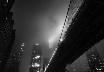 Fog Shrouds City Bridge at Night Black and White Urban Scene