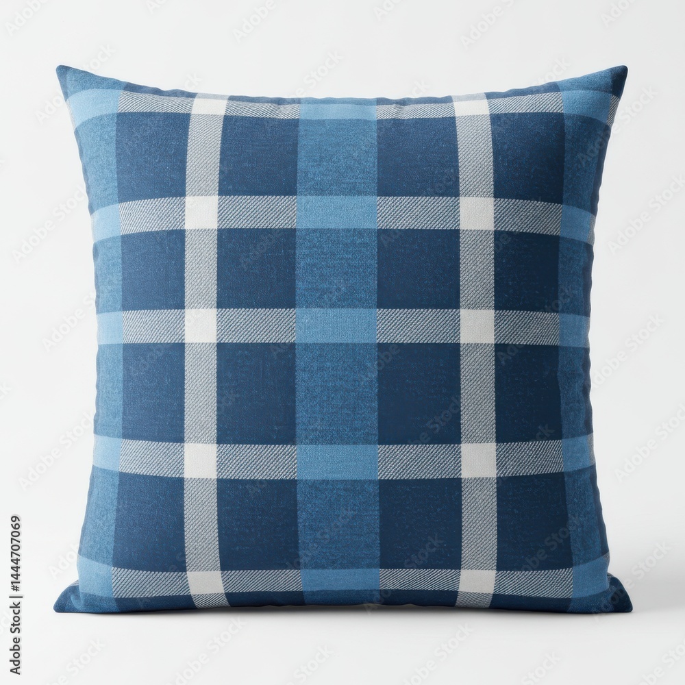Poster a square pillow with a blue and white plaid pattern on a white background in a studio setting
