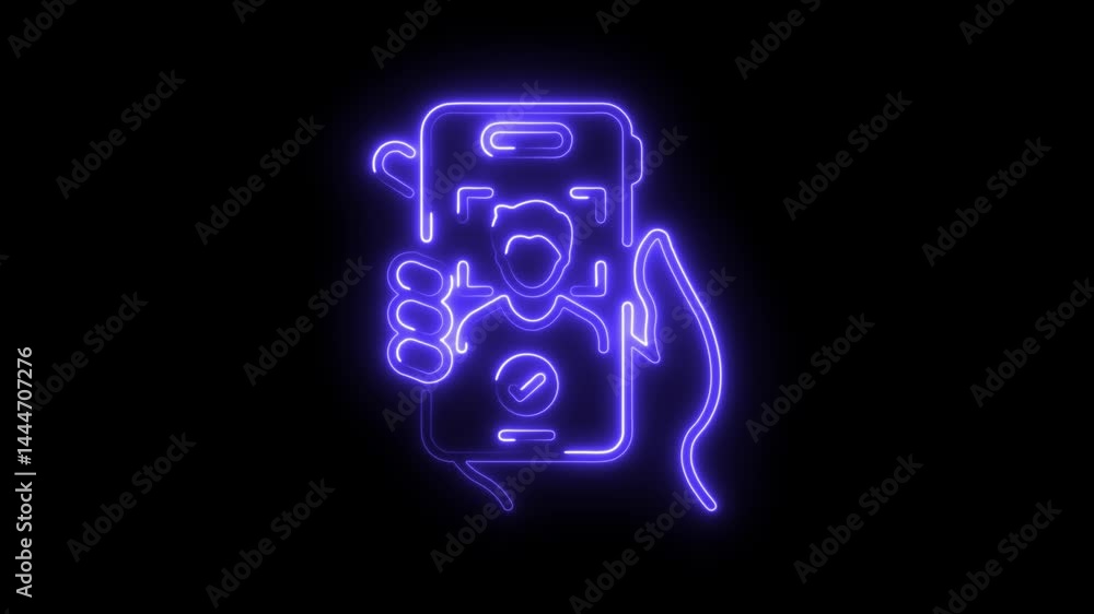 Poster neon face id verification animation on smartphone biometric security identification technology in ha