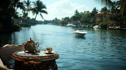 Waterfront luxury golden tea set view