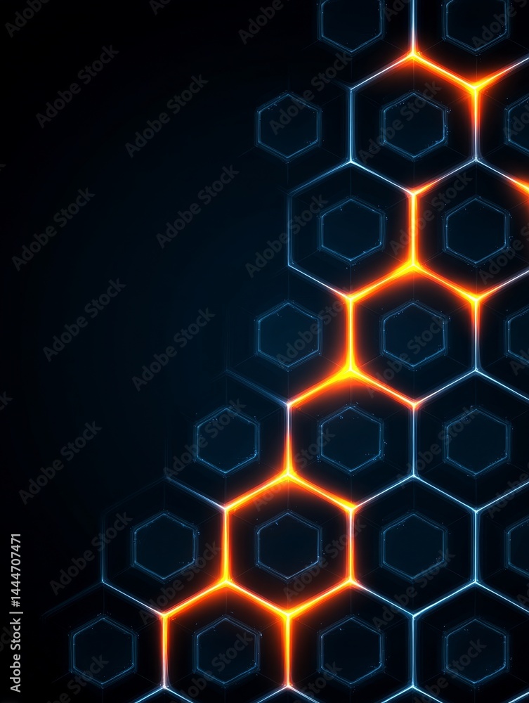 Poster abstract hexagon network - glowing orange lines connect dark blue hexagons on a black background, cr
