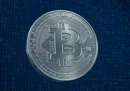 Silver Bitcoin Cryptocurrency on Binary Code Background – Digital Currency and Blockchain Technology