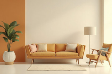 Interior living room wall mockup with leather sofa and decor on white background.
