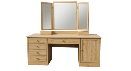 Isolated Wooden Vanity Table with Tri-Fold Mirror