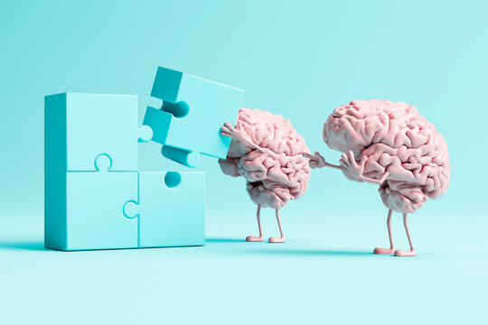 3D rendering of a brain solving a puzzle symbolizing mental health and cognitive development