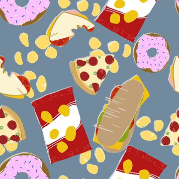 Seamless pattern of fast food items like pizza, donuts, and chips in a colorful illustration