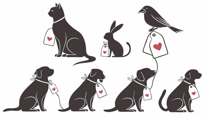 Simple Cute Graphic Illustration of Black Animals with Heart Tags - Cat Labrador Puppies Rabbit Bird Pet Art