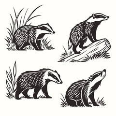 Badger Silhouettes Set, Black and White Wildlife Animals, Forest Fauna
