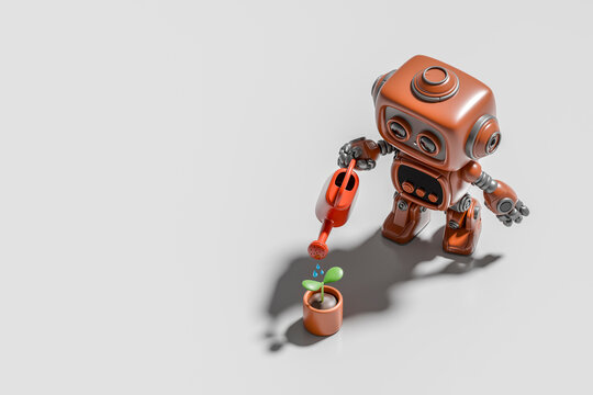 3D rendering of a robot watering a small plant with a watering can