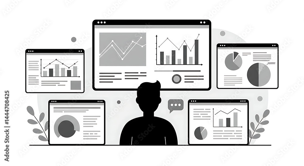 Poster silhouette of person analyzing data charts and graphs on multipl