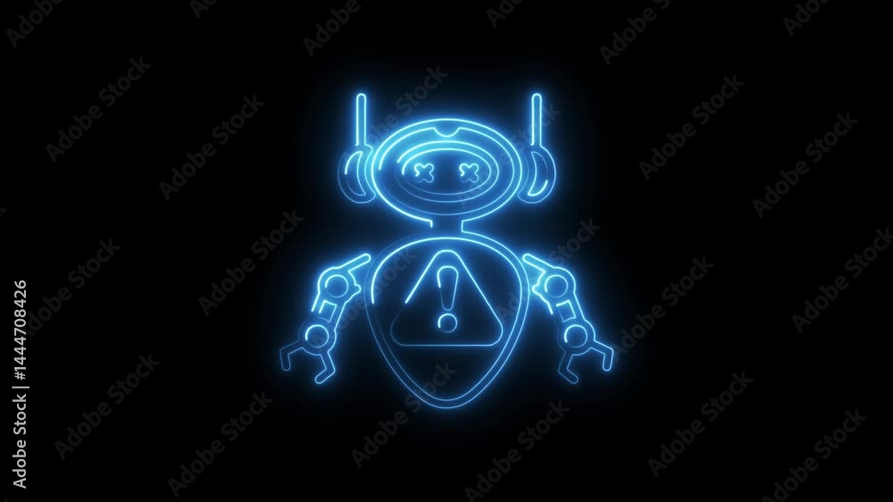 Poster neon robot error warning animation glowing on black background