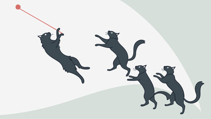 Dynamic Illustration of Playful Black Cats Leaping and Chasing a Red Laser Pointer Dot Fun Pet Activity