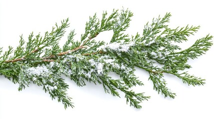 Winter evergreen branch covered in delicate snow.