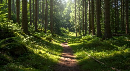 Obraz premium Forest Path Sunlight Green Trees Ferns Nature Walk