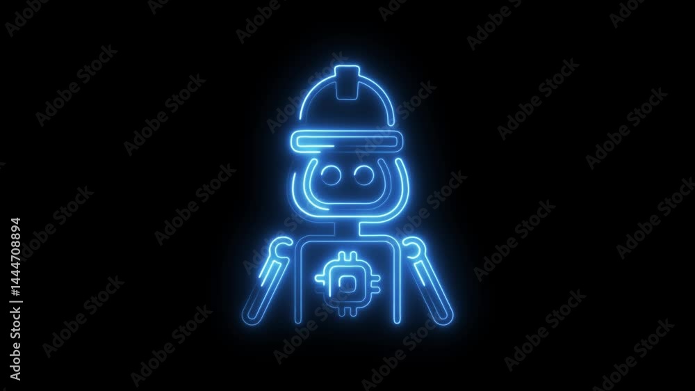 Poster construction robot with neon glow on black background animated concept illustration of artificial in