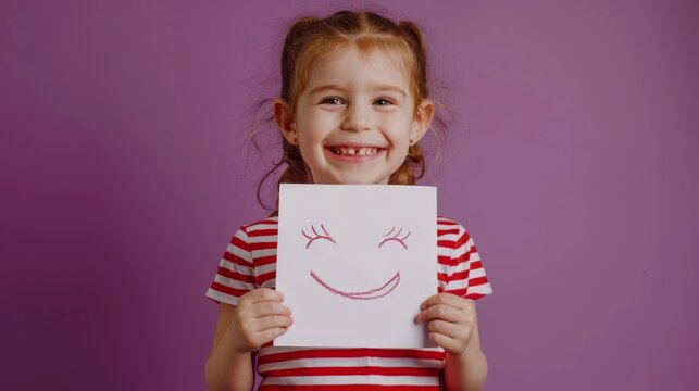 The girl holding smiley drawing - Powered by Adobe
