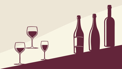 Beige Burgundy Minimalist Graphic Art Illustration of Wine Glasses and Bottles Still Life with Shadows