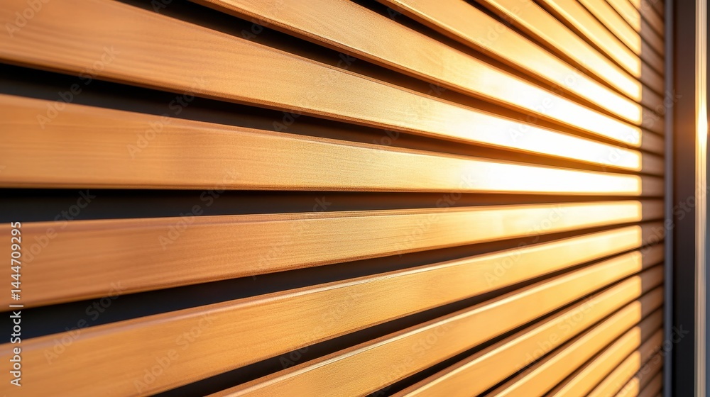 Poster close-up of horizontal wooden slats illuminated by warm sunlight, creating a textured pattern