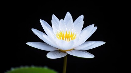 White Water Lily Yellow Center Minimalist Style High-Definition Macro Photography Close-up View Dewdrop Details Blooming Serene Dark Background Pure White Serenity Spiritual Wellness