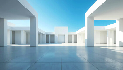 Modern futuristic abstract white concrete architecture empty space with light blue sky background. 3D render futuristic panoramic abstract shape exterior design.