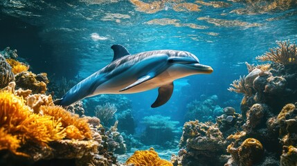 Dolphin swimming in coral reef