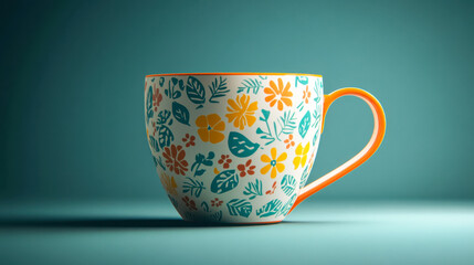 Rotating coffee cup showcases vibrant retro floral and geometric design in bold colors