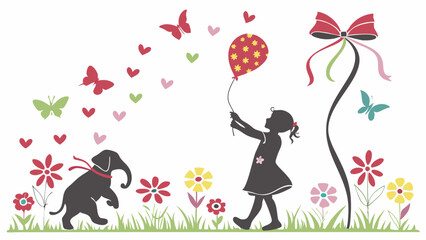 Whimsical silhouette art of girl holding balloon elephant butterflies hearts flowers and decorative bow