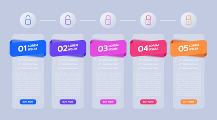 Vertical Infographic Template for Business Presentation with Colorful Modern Design Layout featuring Timeline 5 Step for Marketing Brochure, Technology Report. Glassmorphism Glasses Effect Vector.