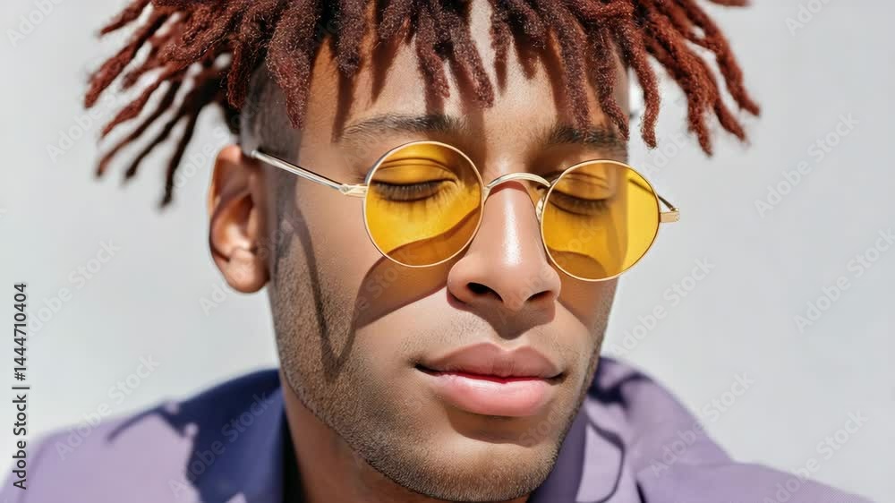 Poster man with dreadlocks and yellow sunglasses. he is smiling and looking at the camera