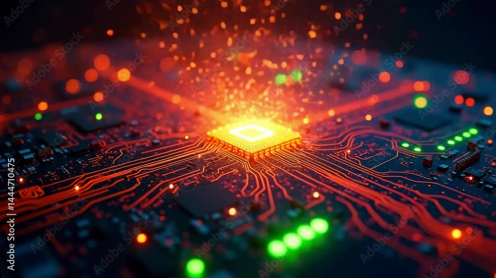 Poster close-up view of a glowing microchip on a circuit board with vibrant lights and sparks in the backgr