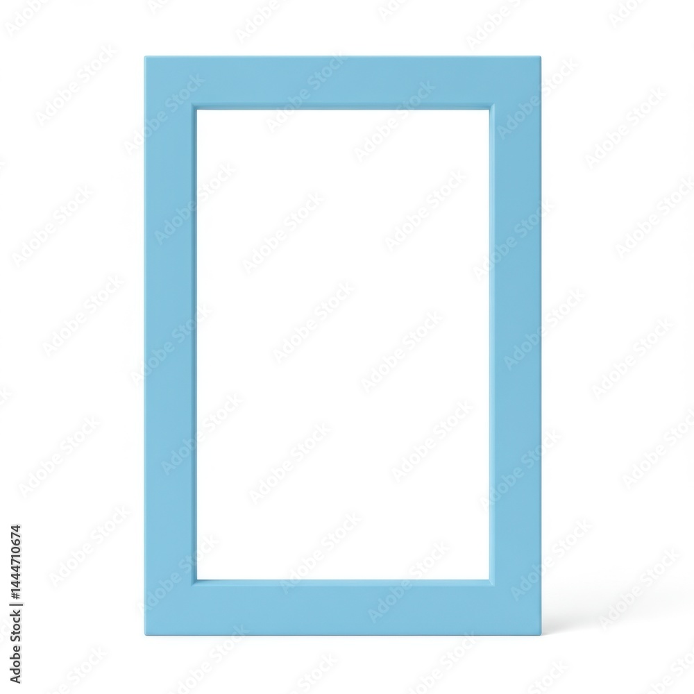 Poster a light blue picture frame standing upright against a white background in a studio setting with shad