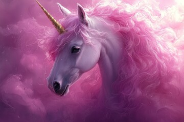 Naklejka premium A majestic unicorn with long, flowing pink hair, set against a dreamy pink sky
