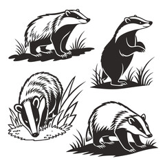 Stylized Badger Silhouettes Set, Wild Animals in Various Poses, Monochrome Flat Icon